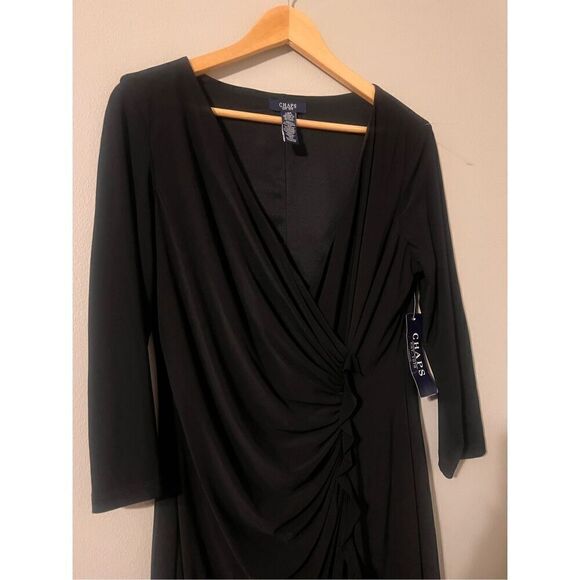 Chaps Size L Long Sleeve Gathered Cocktail Dress Solid Black Ruffle Detail New - Picture 3 of 7